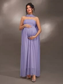 Cheriluna Maternity Elegant Ruffle Detail Solid Color Off-Shoulder Sleeveless Maternity Dress For Baby Shower, Christmas Party - Purple - View 3