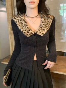 DAZY Women's Elegant Leopard Print Button Long Sleeve Streetwear Sweater - Black - View 7