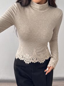 GalTyme Plus Size Women's Lace Patchwork Casual Everyday Long Sleeve T-Shirt - Apricot - View 3