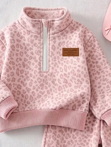 Girls' 2 Pieces Casual Fashion Spring/Autumn/Winter Set, Stand Collar Sweatshirt With Wide Leg Sweatpants, Sweet & Cool Leopard Print, Soft Fabric - Multicolor - View 5