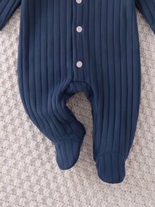 SHEIN 新生兒嬰兒貼花刺繡鈕扣連身衣與帽子套裝 - 寶藍色 - 查看 7