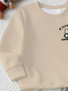 1套幼兒休閒衛衣套裝，美式復古童裝，背面高清晰數位印花拖拉機圖案配弧形英文標語，圓領正肩長袖設計，搭配條紋長褲，男嬰時尚外出2件套，適合日常散步、戶外玩耍、週末出遊，春/秋主推兒童長袖套裝 - 彩色 - 查看 7
