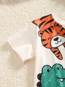 SHEIN 小男孩休閒舒適時尚極簡圓領短袖T恤與短褲套裝，經典酷炫動物園恐龍霸王龍圖案印花，適合春夏穿著 - 彩色 - 查看 4