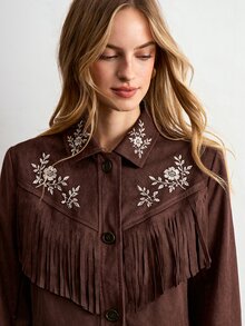 Willow Rêve Women's Floral Embroidered Pattern Casual Daily Wear Long Sleeve Jacket - Brown - View 5