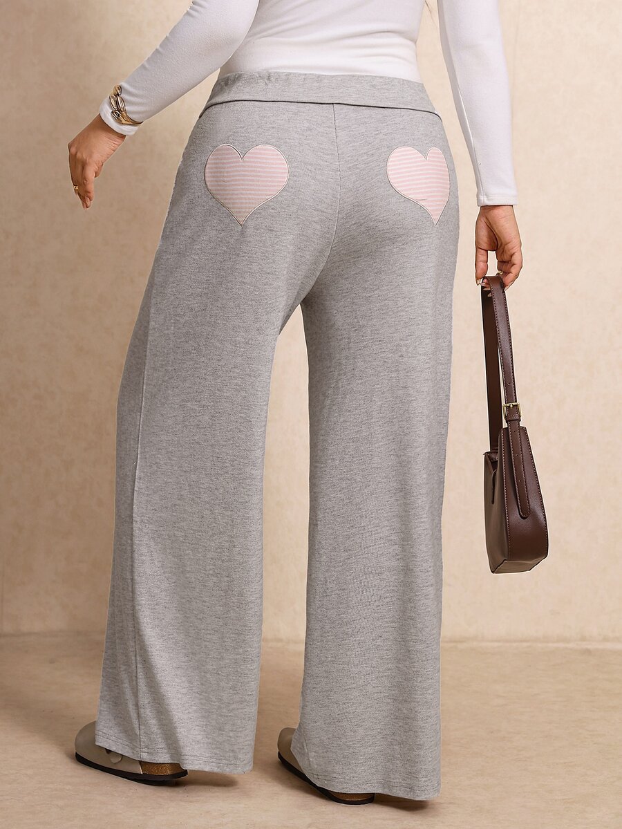 Elaquor Plus Size Women's Striped Heart Embroidered Wide Leg Casual Pants - Grey - View 1