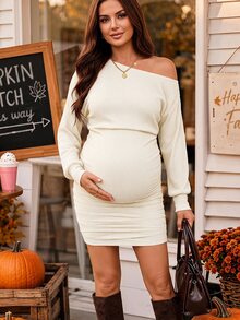 SHEIN 孕婦純色不對稱單肩休閒日常穿著夏季連身裙 秋冬休閒款 - 白色 - 查看 2