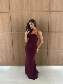 Aloruh Women's Solid Color Pleated Fitted Elegant Spaghetti Strap Dress - Bold Plum - View 5