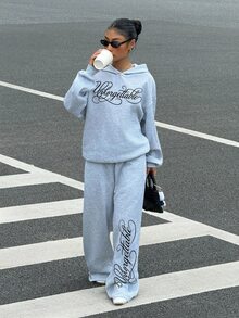 Attitoon 休閒極簡女款 2 件式運動衫套裝，英文圖案印花，街頭風酷感高端簡約機車工裝風，時尚 Y2K 校園風返校穿搭，青年休閒風社團服飾 - 灰色 - 查看 7