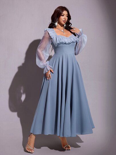 Viva Relle Plus Size Women's Grey-Blue Rhinestone Ruffle Mesh Dress, Square Neck Puff Long Sleeve Cinched Waist Full Skirt Dress, Suitable For Bridesmaid, Banquet, Party, Birthday Photo, Heart-Shaped Square Neck With Rhinestone Embellishment, Ruffle Detail Softens Chest Line, Sheer Mesh Puff Long Sleeves, Flowing Fairy-Like Full Skirt