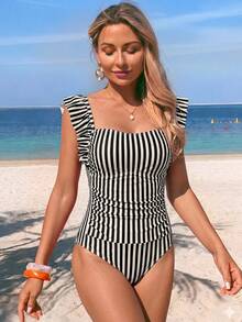 SHEIN Swim 女款夏季海灘度假甜美碎花荷葉邊平口前胸抓皺修身連身泳衣 - 黑色 - 查看 4