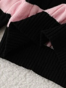 SHEIN 1件少女經典粗繩編織條紋時尚V領修身長袖中厚度毛衣 - 彩色 - 查看 7