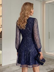 Medorina Elegant Luxury, Sequin Geometric, Formal Dress, Sheer Mesh, Navy Blue Gold, A-Line Belted, Wedding Guest Party, Christmas, Fall Winter - Navy Blue - View 2