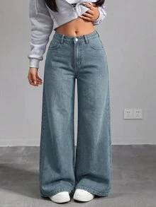 SHEIN Tall CURVE 大尺碼女款口袋寬腿鬆垮休閒百搭牛仔褲 - 中等水洗藍 - 查看 5