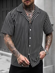 Manfinity Homme Men's Plus Size Casual Loose Black And White Striped Knit Jacquard Versatile Shirt , Vacation Beach Summer, Formal - Black and White - View 8
