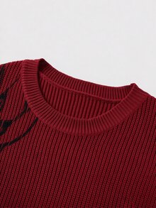 ROMWE MEN 男士破舊風蜈蚣圖案長袖休閒毛衣 - 紅木色 - 查看 3