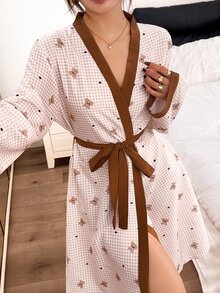 Napfluff Sweet Cute Bear Plaid Tie-Front Robe, Slouchy Colorblock Casual Loungewear - Khaki - View 1