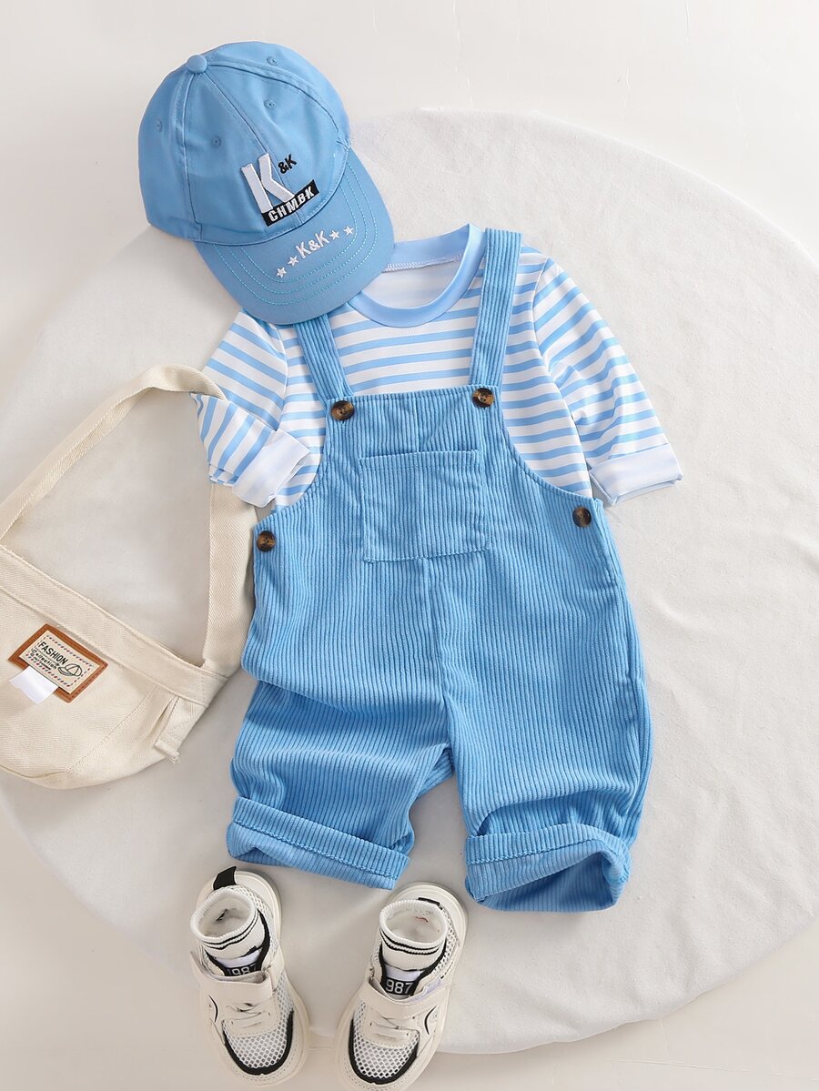 SHEIN Vintaside Kids 2pcs Baby Boys Retro Brown Striped Long Sleeve T-Shirt & Corduroy Bib Pants Overalls Set - Blue - View 1