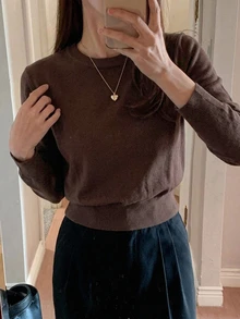 DAZY 女款圓領寬鬆基礎針織毛衣，長袖上衣，秋季服飾 - 棕色 - 查看 3