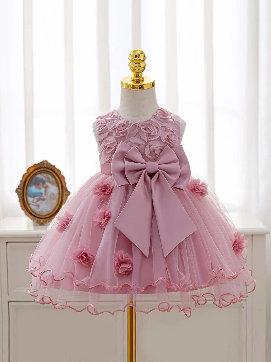 Glamorique Kids 女嬰花卉裝飾腰部蝴蝶結派對生日公主禮服 粉色花童裙 幼兒秋季可愛優雅 - 藕粉色 - 查看 1