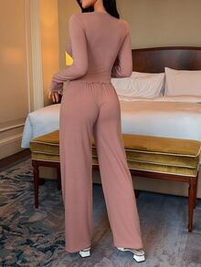 DAZY Women's Contrast Lace Bow Decor Long Sleeve Top And Long Pants Pajama Set - Dusty Pink - View 2