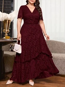 Reflora Plus Size Summer Elegant Jacquard Dress Wedding Formal Evening Dark Purple - Burgundy - View 7