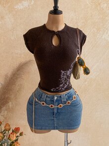 Soleia Atasan Rajut Lengan Raglan Leher Lubang Kancing Motif Hewan untuk Wanita - Coffee Brown - View 6