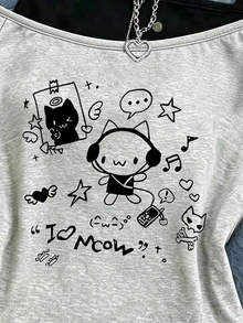 Women's Creative Fresh Cute Rabbit & Cat Shaped Earphone Design Fun Letter Print 2 In 1 Asymmetrical Shoulder Short Sleeve Top - Multicolor - View 3