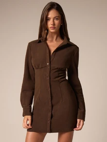 Athîral Women's Autumn/Winter Chocolate Brown Lapel Single-Breasted Casual Mini Dress - Brown - View 1