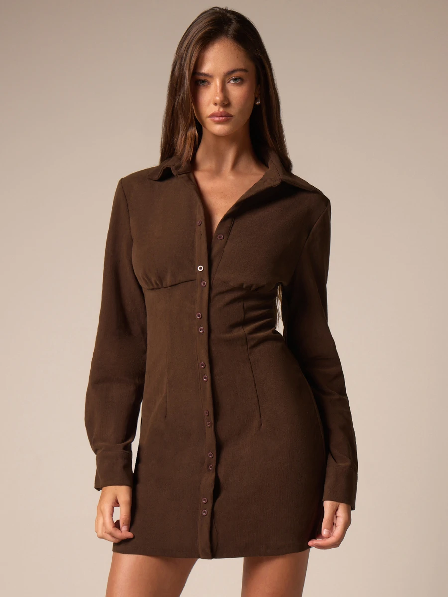 Athîral Women's Autumn/Winter Chocolate Brown Lapel Single-Breasted Casual Mini Dress - Brown - View 1