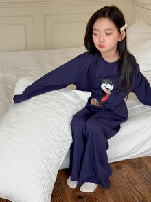 Dazy Kids (فتيات مراهقات) طقم ملابس منزلية كاجوال من قطعتين: تي شيرت علوي + بنطال كاجوال بقصة ساق مستقيمة، تصميم نمطي بسيط أساسي للخريف/الشتاء - أزرق بحري - مشاهدة 8