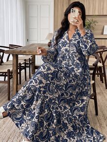 Weeklong Plus Size Olive Green Print V-Neck Button Tiered Maxi Dress, Boho Style For Vacation & Daily Wear - Multicolor - View 3