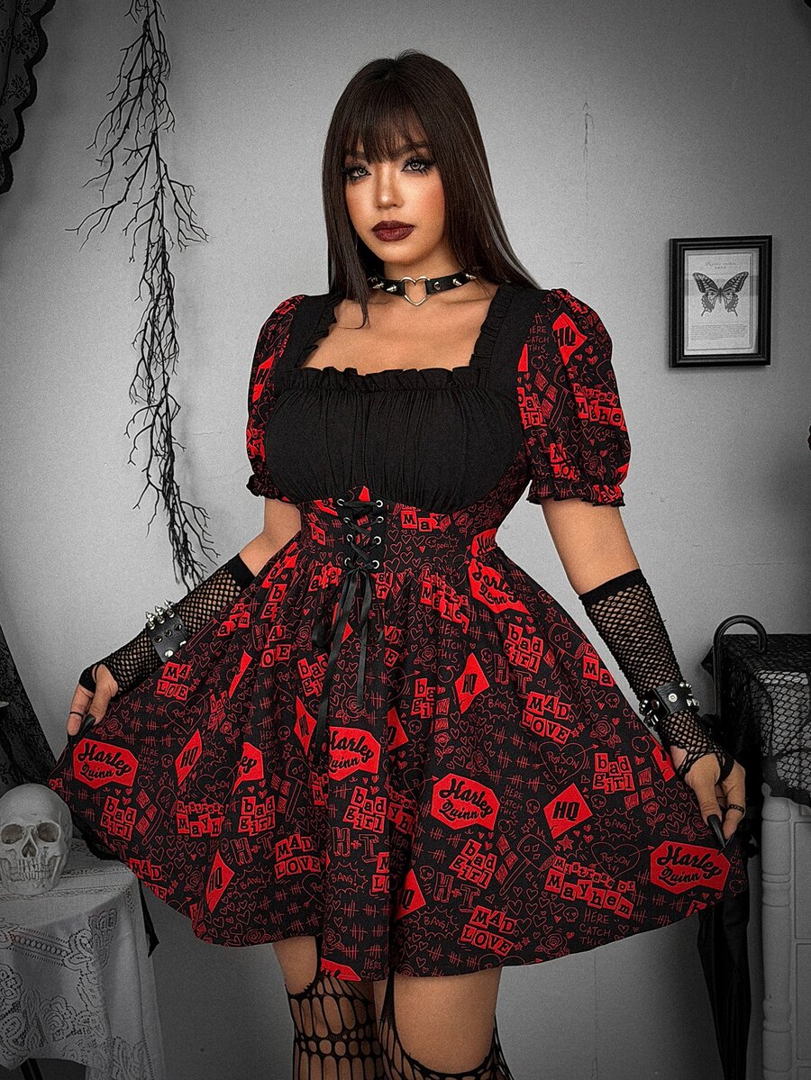 Whyspr Harley Quinn X SHEIN Plus Size Dark Hip Hop Letter Print Drawstring Tie Dress - Multicolor - View 1