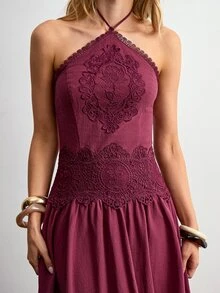 Willow Rêve Women's Embroidered Lace Halter Neck Asymmetrical Hem Dress - Red Plum - View 1