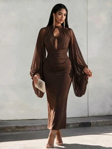 Eryvara Women's Solid Color Pleated Elegant Waist-Cinching Party Long Dress - Brown - View 1