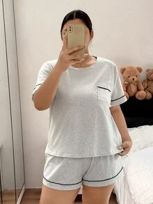 Napfluff CURVE Napfluff CURVE Plus Size Women's Knit Contrast Trim Round Neck Short Sleeve Shorts Pajama Set - Grey - View 3