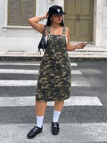 Rivivi Plus Size Women's Camouflage Casual Versatile Washed Denim Overall Dress - Multicolor - View 5
