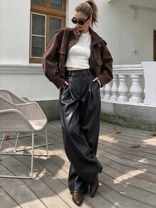 SHEIN Elenzya New Knitted Elastic Leather High Waist Back Elastic Waist Slanted Pocket Wide Leg Design Versatile Fashion Daily Commute Women's Long Pants - Black - View 4