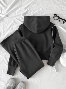 SHEIN 女童青少年女孩秋冬休閒街頭風丹寧感針織深灰色連帽衛衣＋運動長褲兩件套 - 深灰色 - 查看 2