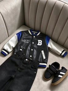 男童新款活力黑色PU皮革長袖拉鍊開襟外套，時尚刺繡圖案，舒適面料，時尚版型，秋冬新品，適合多季節與多場合，秋季外套，男童外套，皮夾克 - 黑色 - 查看 9