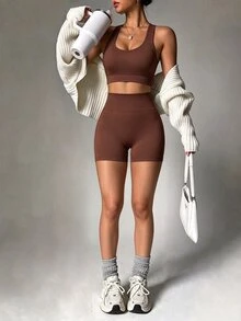 Dewbera Dewbera 女款無縫針織運動背心 + 運動短褲套裝 健身運動 黑色 夏季運動休閒運動風 - 咖啡棕 - 查看 5
