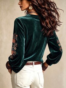 Glimmora Women's Floral Print Notch V-Neck Long Sleeve T-Shirt - Dark Green - View 2