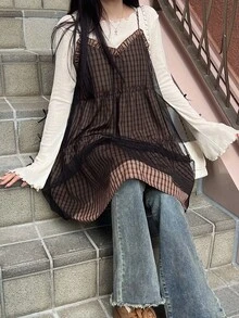 FRIFUL 女款格紋細肩帶背心，蝴蝶結肩帶 A 字多層蛋糕拼接層次休閒背心上衣，秋季穿搭 - 鏽棕色 - 查看 7