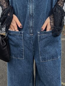 FRIFUL Women's Pocket Design Casual Streetwear Wide Leg Denim Overalls Everyday Going Out - Blue - View 6