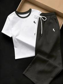 SHEIN EZwear 女款騎士印花圓領短袖T恤與抽繩腰長褲休閒套裝 - 深灰色 - 查看 4