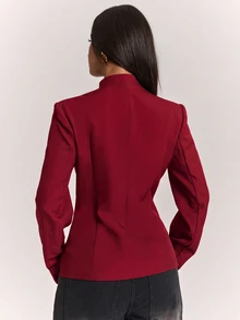 SHEIN BAE 時尚復古優雅立領盤扣西裝外套，修身長袖西裝夾克，適合上班、辦公室、晚餐聚會，夏季黑色 - 紅色 - 查看 3