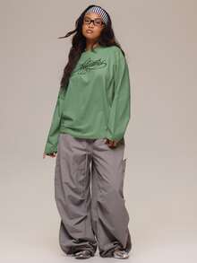 MUSERA 白色圖形 Logo 細節長袖上衣 冬季休閒日常舒適穿搭 女款酷白色上衣 - 軍綠色 - 查看 2