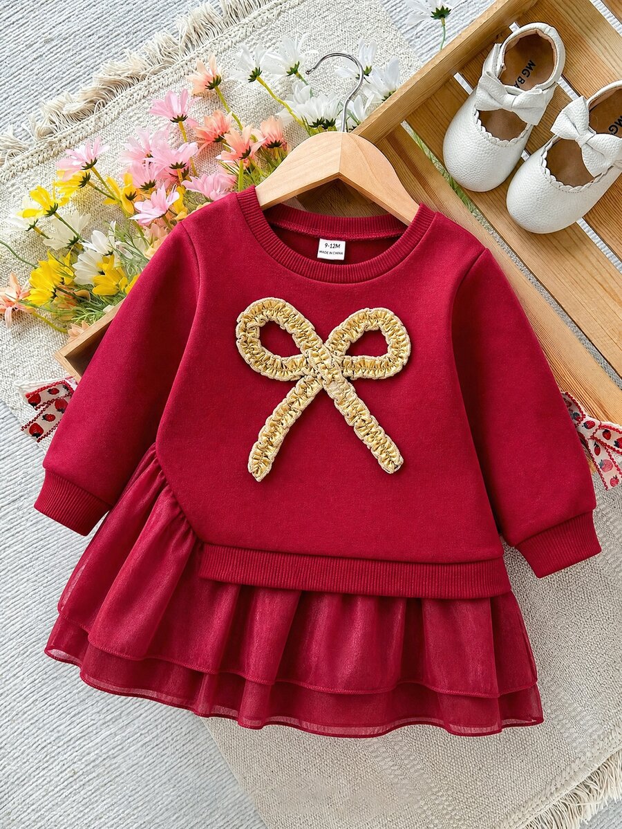 SHEIN Cute Tulle Casual Dress For Toddlers - Red - View 1