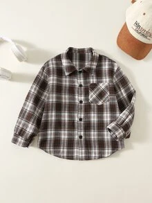 SHEIN 兒童小男孩休閒學院風格紋翻領貼袋鈕扣式寬鬆梭織襯衫，適合通勤、上學、日常休閒、度假、旅行、運動，春夏秋冬四季皆宜 - 彩色 - 查看 3