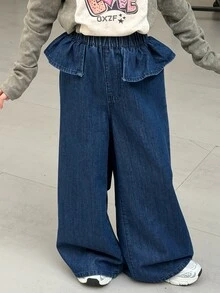 Dazy Kids Tween Girl) Straight Leg Casual Washed Denim Jeans With Frill Trim And Patchwork Design, Autumn/Winter - Blue - View 5