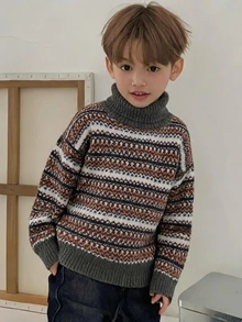 DAZY Boys' (Small) Fancy High Neck Sweater Top, Colorful Long Sleeve Autumn/Winter Knitwear - Grey - View 6